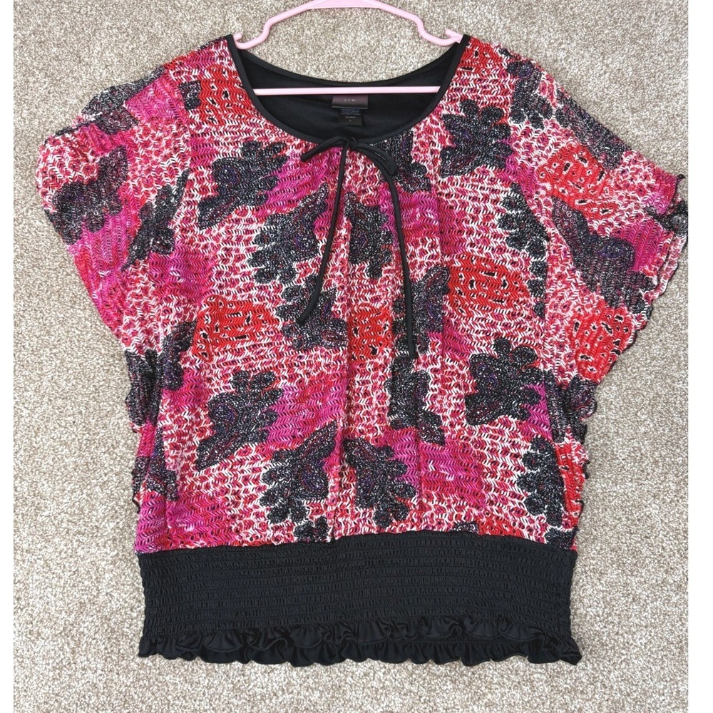 Y2K JTB Womens Pink Red Abstract Floral Ruffle Blouse Smocked Boho Large L‎